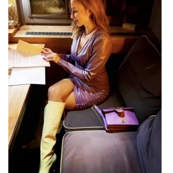 ZARA WOMEN NEW FAUX LEATHER DRESS SHORT Draped PURPLE 2134/322 S M - Picture 3 of 10